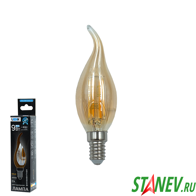 LEEK Лампа led филаментная Свеча на Ветру Золотистая E14-9W-4K SVD LEDF Amber 10-100 LEEK Лампа led филаментная Свеча на Ветру Золотистая E14-9W-4K SVD LEDF Amber 10-100