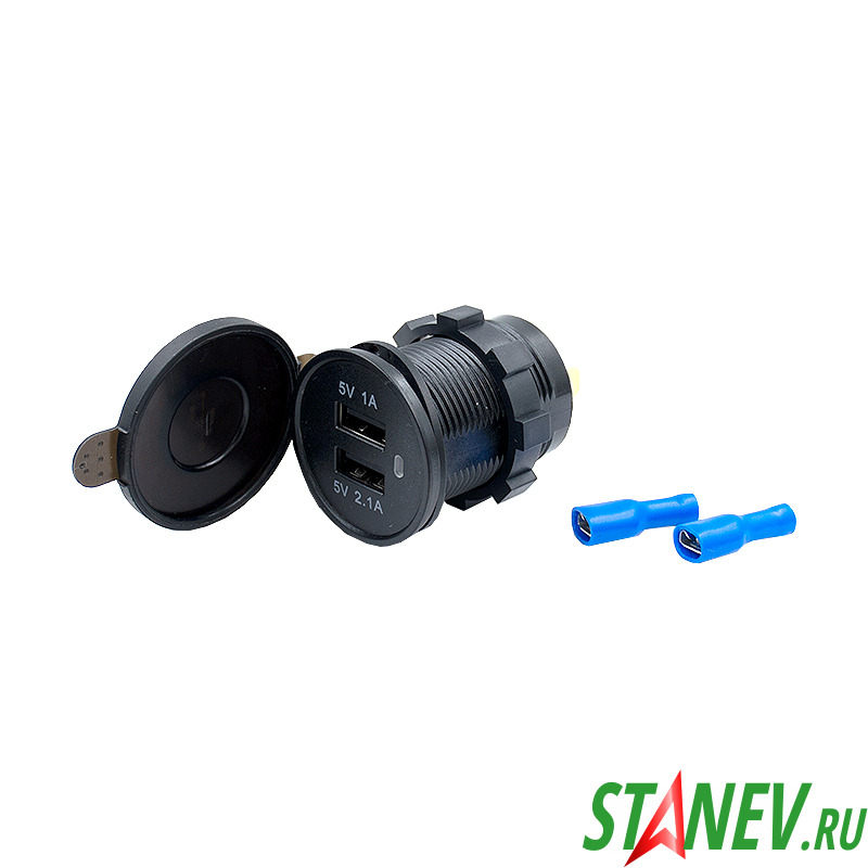 Авто разъем врезной Гнездо на 2-USB 12V-24V 3.1A с крышкой CR1030 MPM 10-100 Разъем c 2-USB в авто 12V-24V врезной CR1030 3.1A круглый 10-100