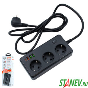 Многофункциональный сет фильтр-удл SF301 на 3-роз с USB-C-A-PD 2500W зарядка-30W Черный 2м 1-30