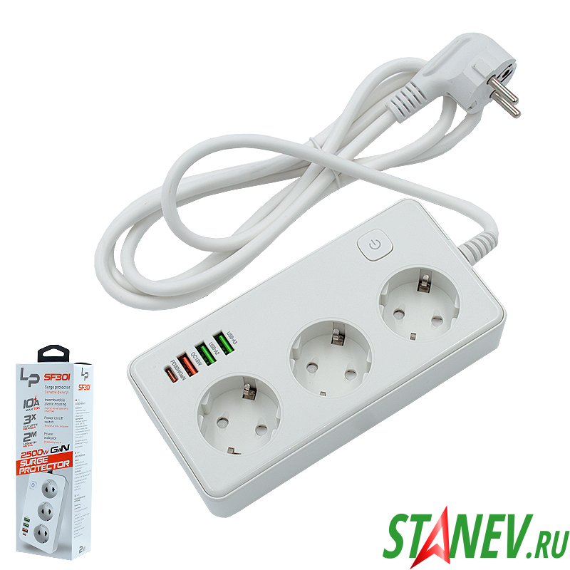 Многофункциональный сет фильтр-удл SF301 на 3-роз с USB-C-A-PD 2500W зарядка-30W Белый 2м 1-30 Многофункциональный сет фильтр-удл SF301 на 3-роз с USB-C-A-PD 2500W зарядка-30W Белый 2м 1-30