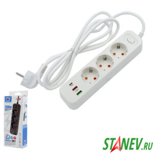 Многофункциональный сет фильтр-удлинитель TS1004 на 3-роз с USB-C-A-PD 2500W заряд-20W Белый 2м 1-30