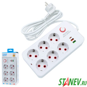Удлинитель-фильтр с кнопкой 6-роз 3000W 2-USB+Type-C 2m D63U 10-60