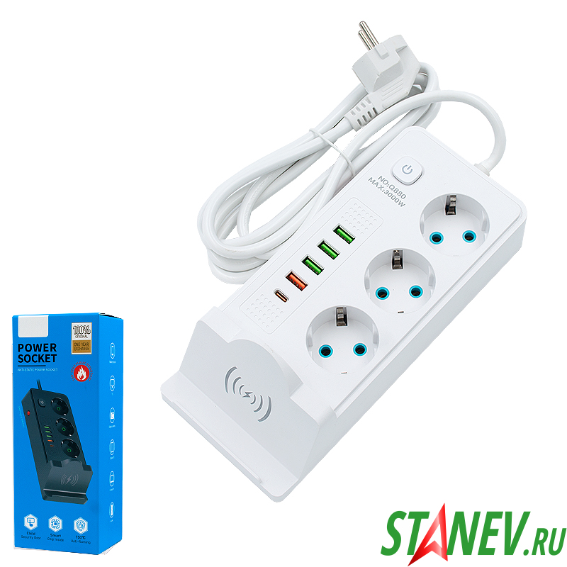 Удлинитель-фильтр с защитой 3-роз 3000W 4-USB+Type-C 2m Q880 10-60 Удлинитель-фильтр с защитой 3-роз 3000W 4-USB+Type-C 2m Q880 10-60