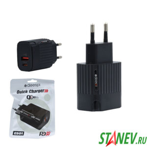 Сетевое зарядное устр 1-USB + PD 20W QS3.0  5V 3.1A ES01 Черный MPM 10-200