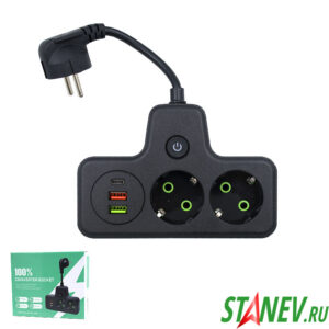 Разветвитель-Адаптер на 2 гнезда с выкл -2-USB -Type-C шнур с вилкой Черный 1-80
