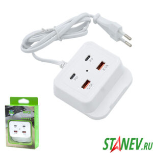 Разветвитель 4в1 USB заряд устр  2-USB / 2-PD Type-C 5.1A шнур-1,2м Беспров зар 1-200